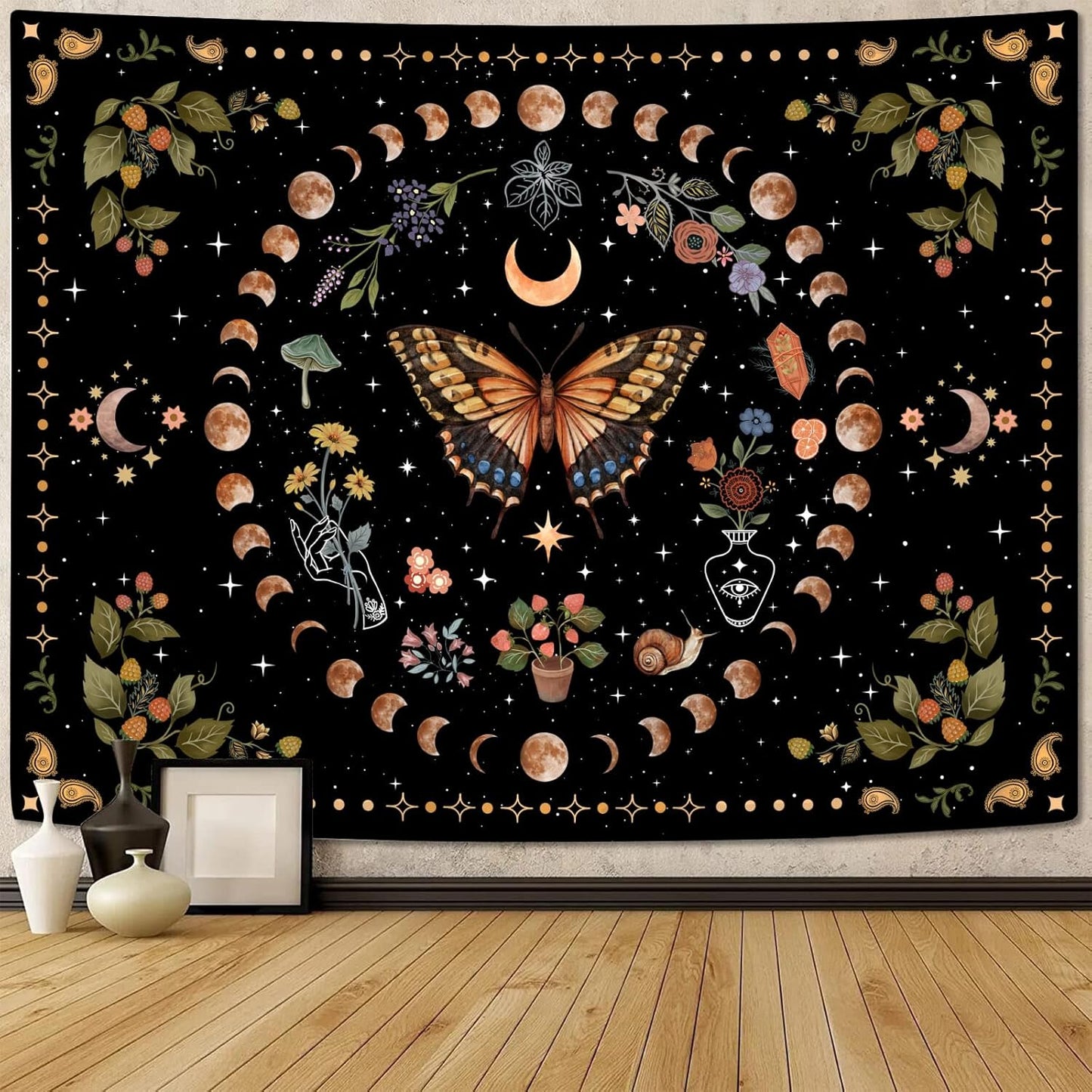 Aipon Yellow Butterfly Moon Flower Tapestry Botanical Floral Plant Boho Tapestry for Bedroom Aesthetic Vintage Tapestries Wall Hanging for Living Room Dorm (60.00'' × 80.00'', Yellow)