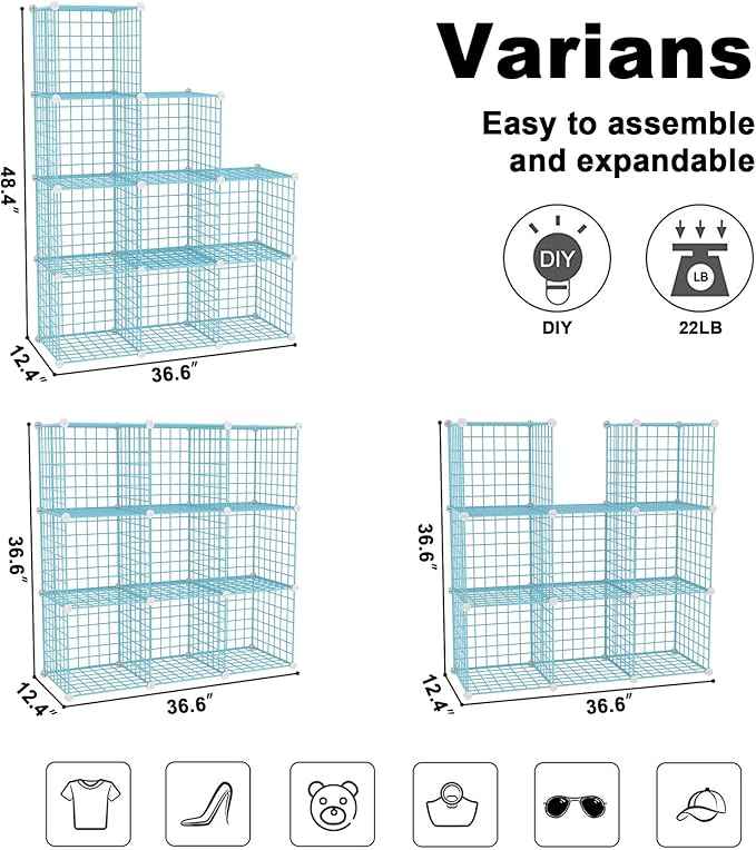 C&AHOME Wire Cube Storage, 9 - Cube Organizer Metal C Grids, Modular Shelves Units, Closet Organizer, Ideal for Home, Office, Living Room, 36.6”L x 12.4”W x 48.4”H, Blue UWCS3009B