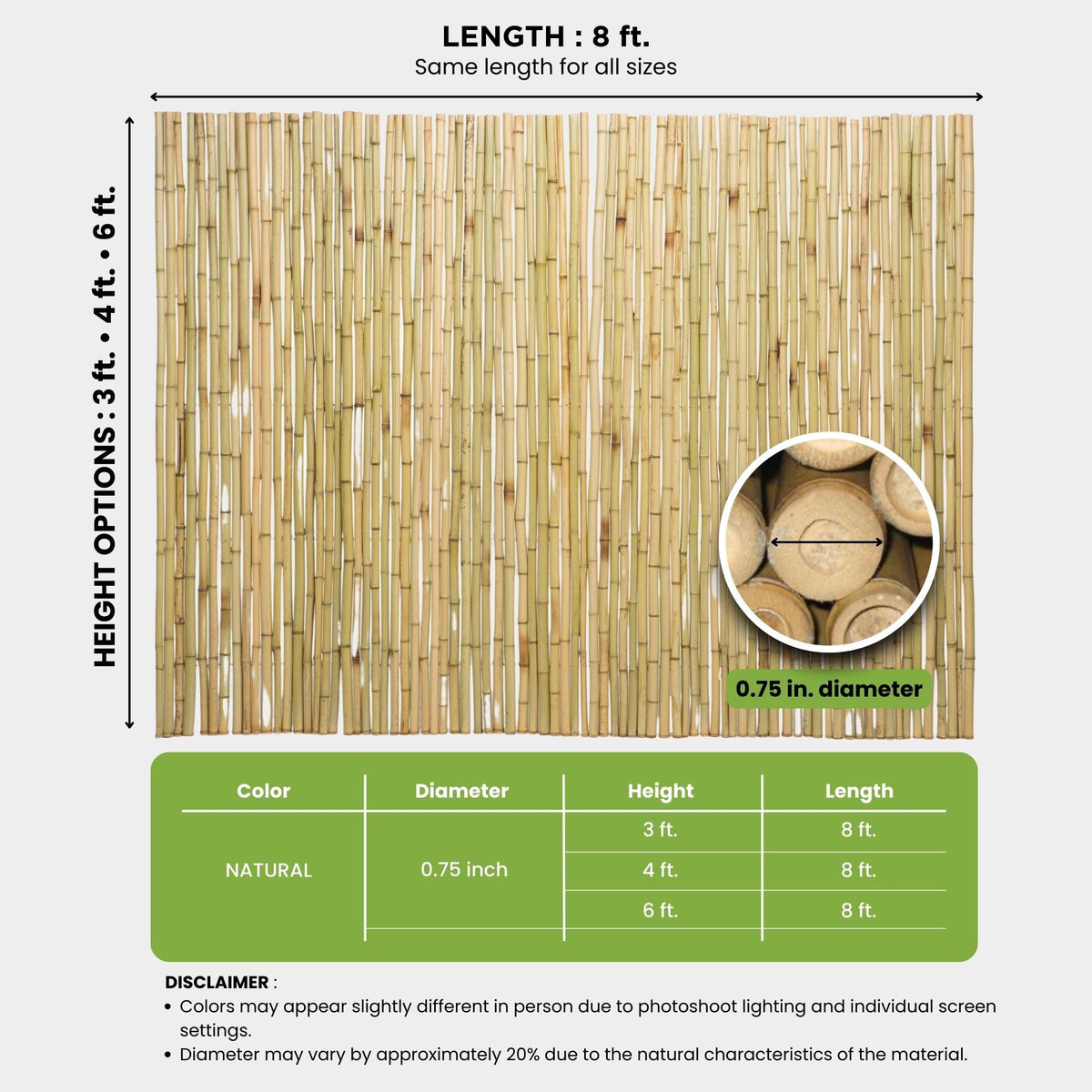 Natural Bamboo Fencing Decorative Rolled Fence Panel 0.75 in D x 6 ft H x 8 ft L (48 Sq Ft)