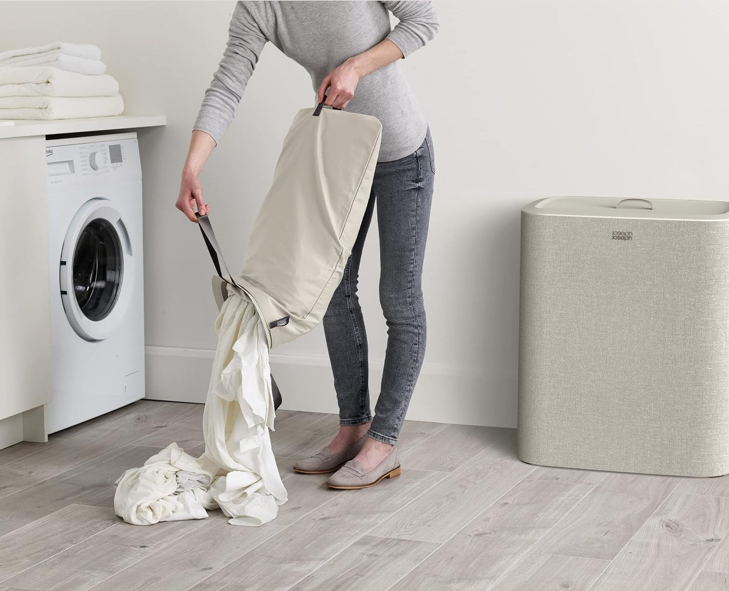 Joseph Joseph Tota Trio 90 liter/23.8 gallon Laundry Hamper Separation Basket with lid, 3 Removable Washing Bags with Handles- Ecru - NestledHome