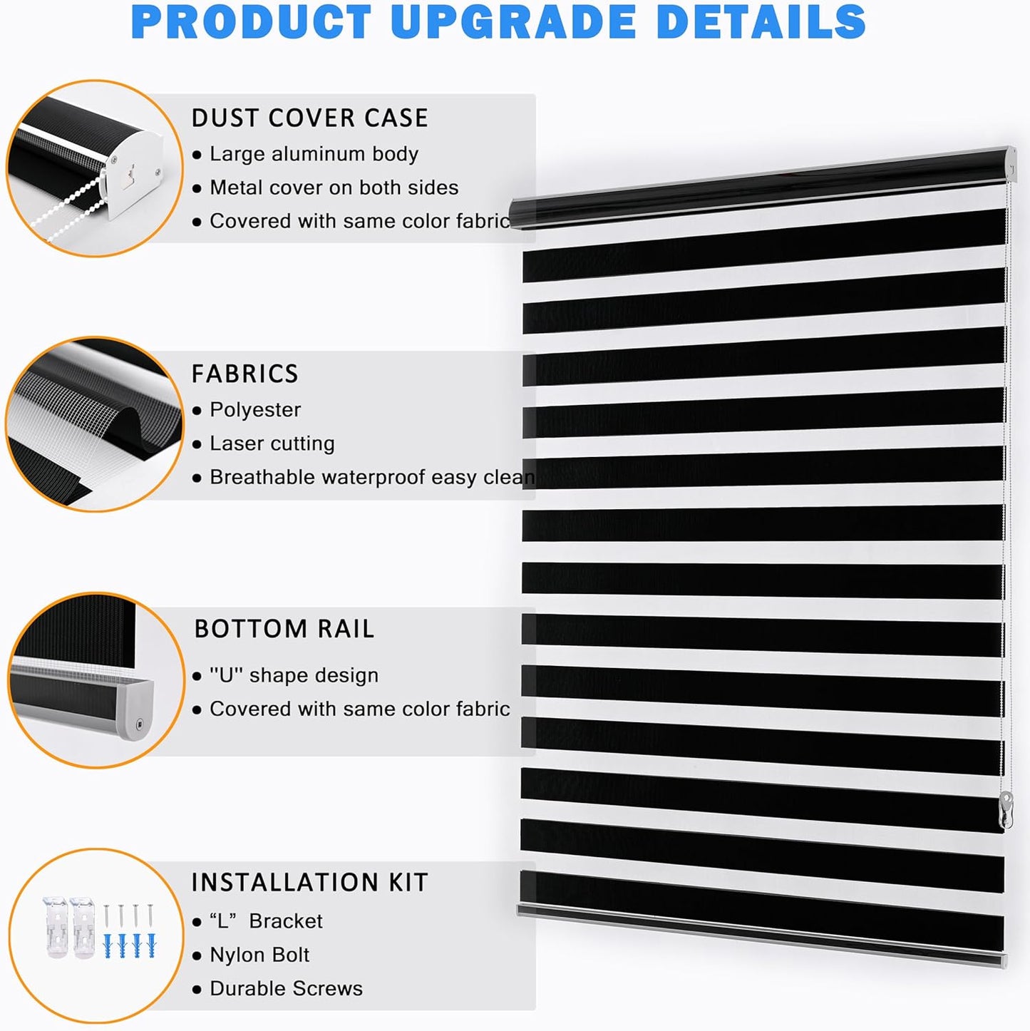 Blackout Zebra Blinds for Windows, Free-Stop Zebra Shades, Dual Layer Light Filtering Sheer Blinds for Indoor Windows, Room Darkening Window Shades for Privacy (34" W X 72" H, Black)