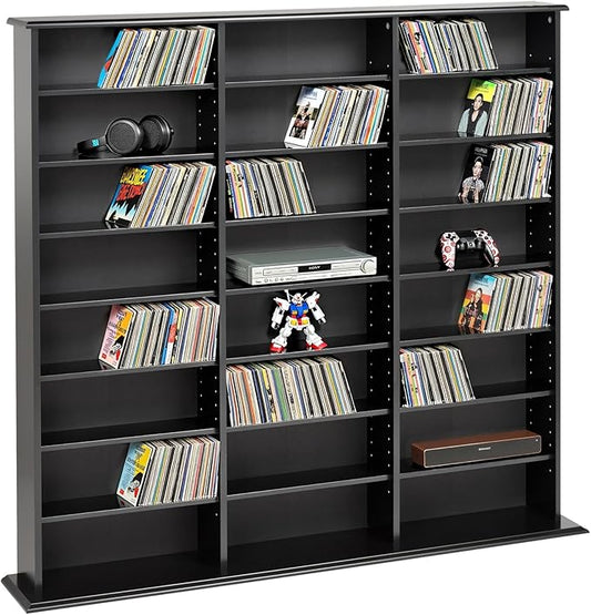 Prepac 3 Column Tall Media Storage Cabinet, Black Storage Cabinet, Display Cabinet, Multimedia Storage Organizer for CDs, DVDs, Blu-rays with 21 Adjustable Shelves 8.75" D x 56" W x 51" H