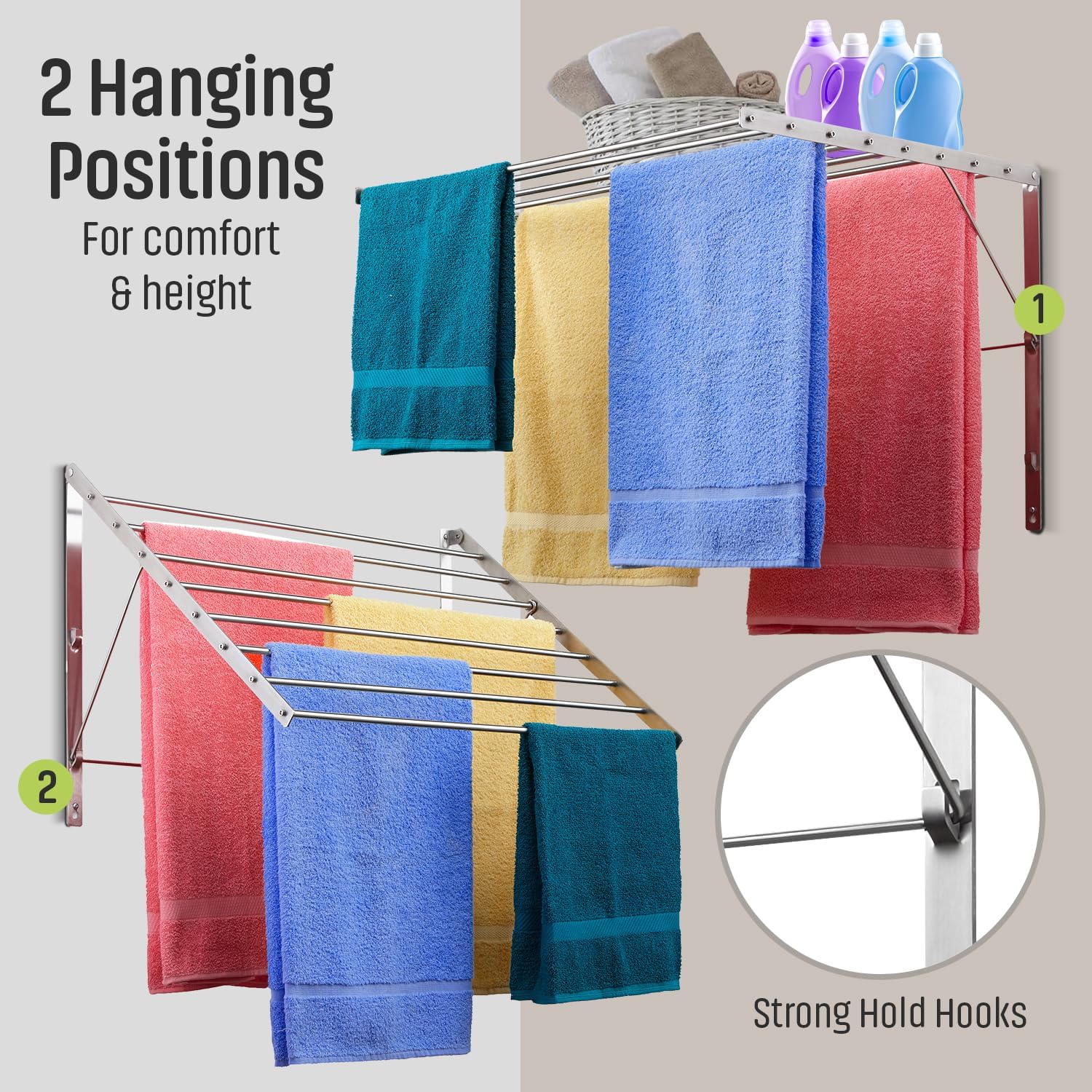 Smartsome | Wall Mounted | Clothes Drying Rack| 22" Wide |15 Linear Feet Capacity | 8 Smooth Round Stainless Steel Rods | 60 lb Capacity | Fully Assembled | Compact Sturdy Space-Saving Design - NestledHome