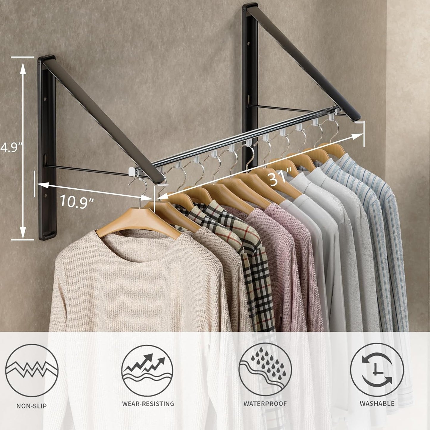 Dr.DJ Clothes Drying Rack with Rod, Wall-Mounted Retractable & Foldable Clothes Hanger for Laundry Room Organization and Storage, Metal Clothes Hanger Rack for Dorm, Closet, Balcony 2Rack, 1Rod Black - NestledHome