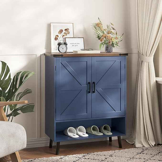 Vabches Farmhouse Shoe Storage Cabinet with Doors, 5 Tier Small Shoe Cabinet with Adjustable Shelves and Metal Legs, 34" Tall Shoe Rack Organizer for Entryway, Foyer, Navy Blue