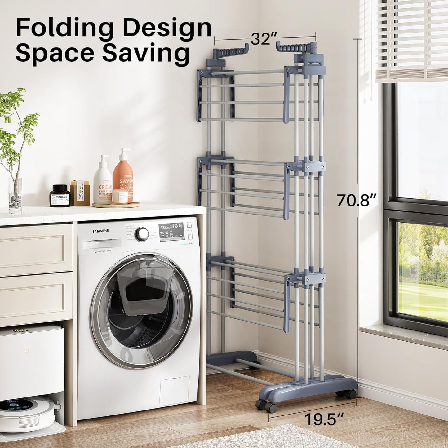 Kitstorack Clothes Drying Rack - Foldable Movable Clothes Rack Drying 30.0" W to 59.0" W Extensible Drying Rack Clothing Oversized 4-Tier Stainless Steel Large Clothes Rack Drying Indoor and Outdoor - NestledHome