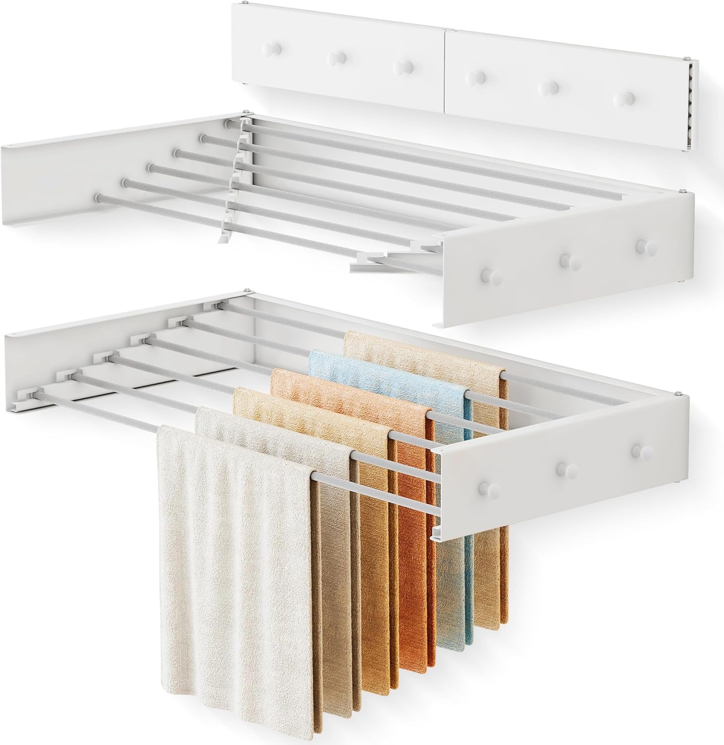 Upgrade Drying Rack Clothing,Clothes Drying Rack Wall Mounted,Laundry Drying Rack Wall Mount,Foldable,Collapsible,Retractable,6 Aluminium Poles,with Hooks,(White 35.5" - NestledHome