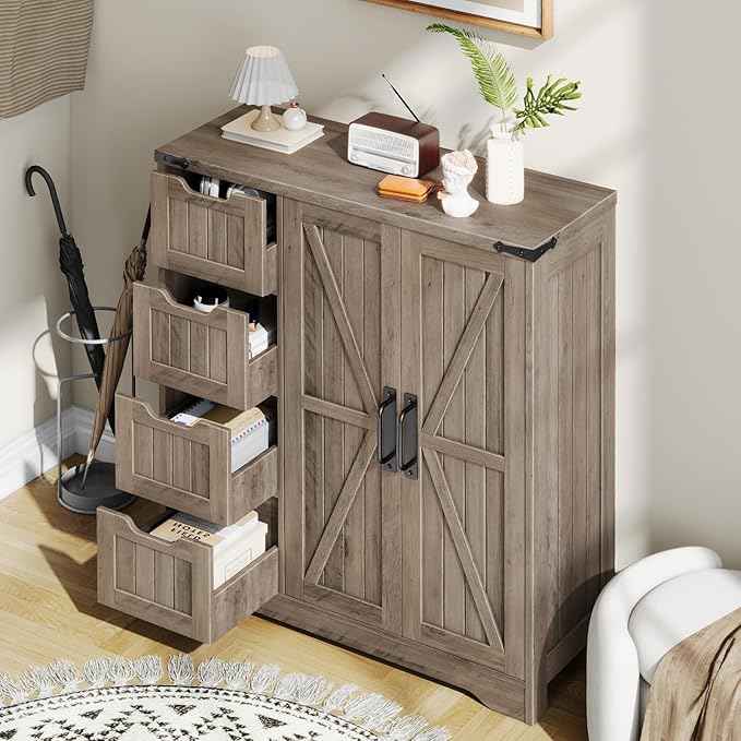 Vabches Farmhouse Bathroom Cabinet, Freestanding Storage Cabinet with 4 Drawers and 2 Doors, Rustic Storage Organizer with Adjustable Shelf for Bathroom, Living Room, Entryway, Grey