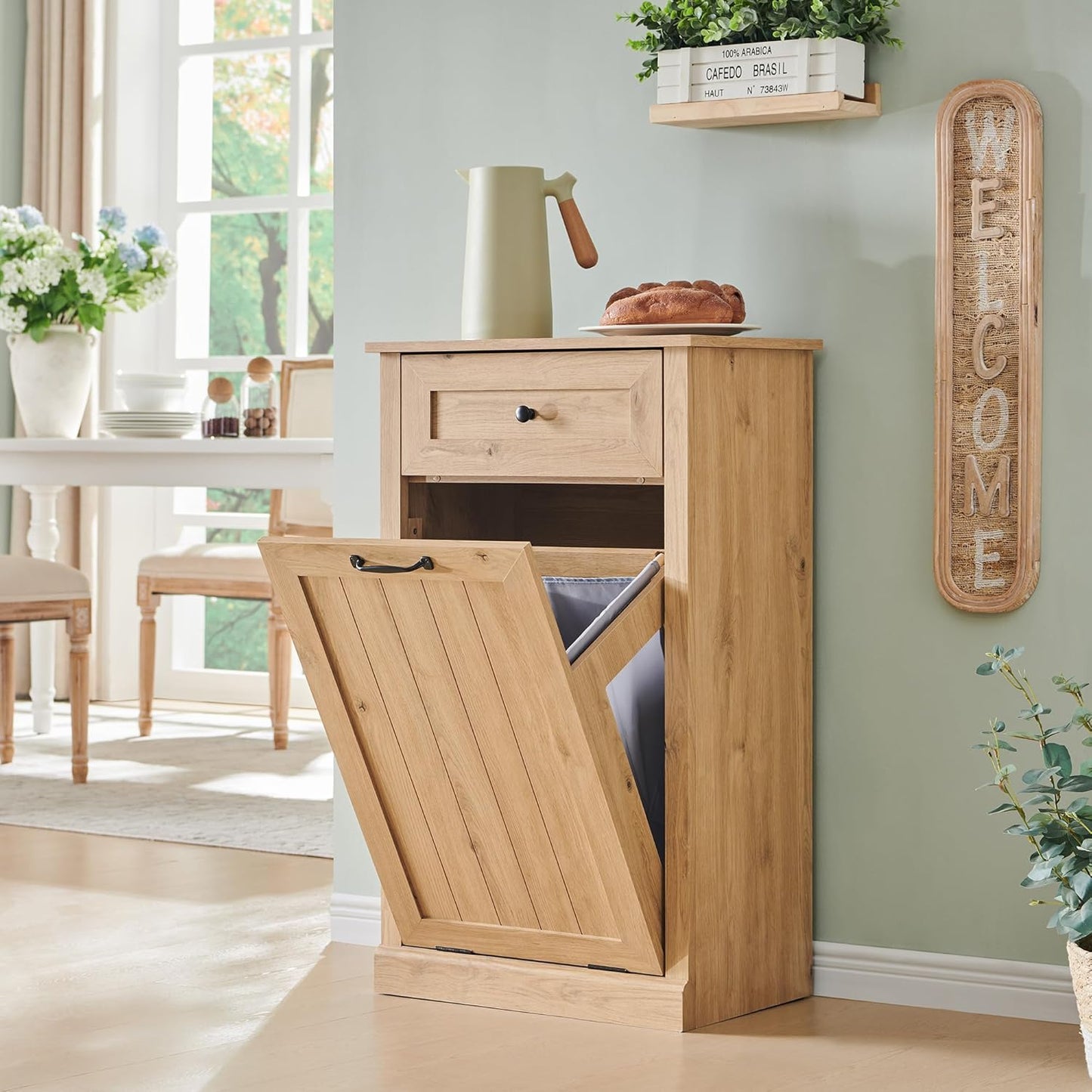 Tilt Out Laundry Hamper Cabinet, 10 Gallon Farmhouse Trash Can Cabinet with Drawer, Hidden Wood Garbage Can Bin Cabinets with Laundry Storage Basket for Bathroom, Kitchen, Natural - NestledHome