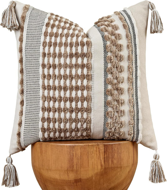 AmHoo Chenille Striped Textured Boho Throw Pillow Covers Aesthetic with Tassels Woven Decorative Pillow Case for Couch Bed Sofa Bedroom Modern Funky 18 x 18-Inch Taos Taupe