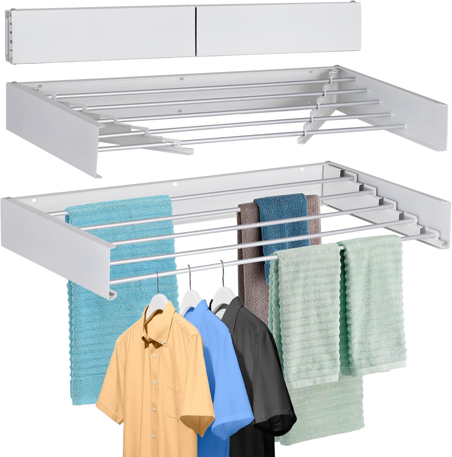 FOCHIER F Laundry Drying Rack Wall Mounted Clothes Drying Rack Collapsible with 5 Aluminum Rods and Drilling Template Long Screwdriver Bit 60 lbs Capacity (White, 31.5") - NestledHome