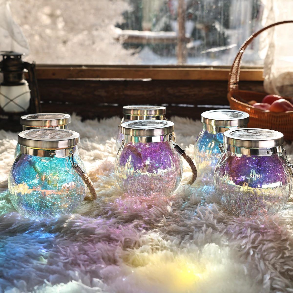Gift for her him 2 Pack Solar Lanterns Waterproof Outdoor Iridescent Heavy Crackle Glass a Big LED Stainless Steel Lid 215% Solar for Women Mom Grandma Outdoor Table Lamps Garden Backyard Decor (2 Count)