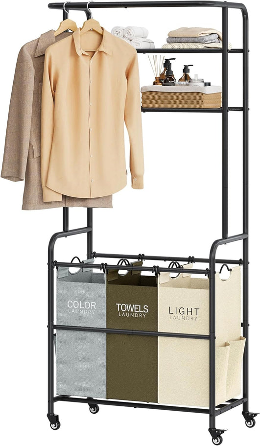 Laundry Sorter 3 Section,Laundry Hamper Cart with Hanging Rack & Removable Bags,Heavy Duty Laundry Basket Organizer with Wheels & 2 Tier Shelf,3 Colors - NestledHome