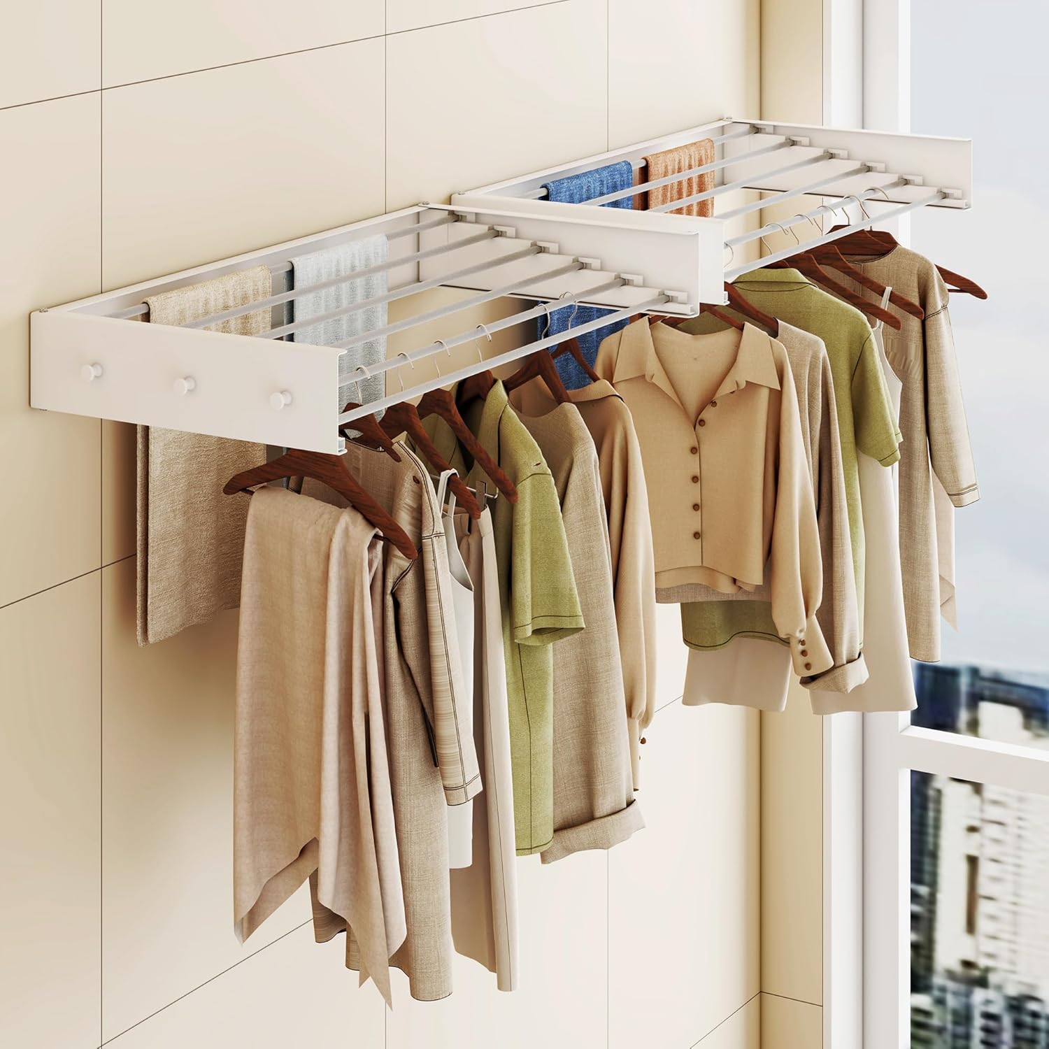 Upgrade Drying Rack Clothing,Clothes Drying Rack Wall Mounted,Laundry Drying Rack Wall Mount,Foldable,Collapsible,Retractable,6 Aluminium Poles,with Hooks,(White 35.5" - NestledHome