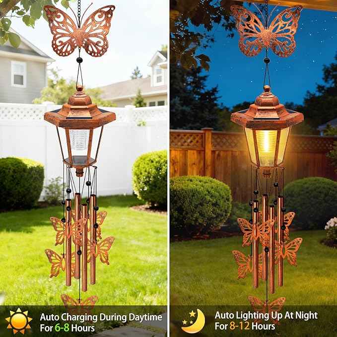 2 Pack Solar Butterfly Wind Chimes, Gifts for Women Mom Grandma Wife Sister Daughter Neighbor, Classic Bronze Wind Chimes With Wind Catcher Solar Decor Light For Outdoor Garden Patio Yard Porch Window