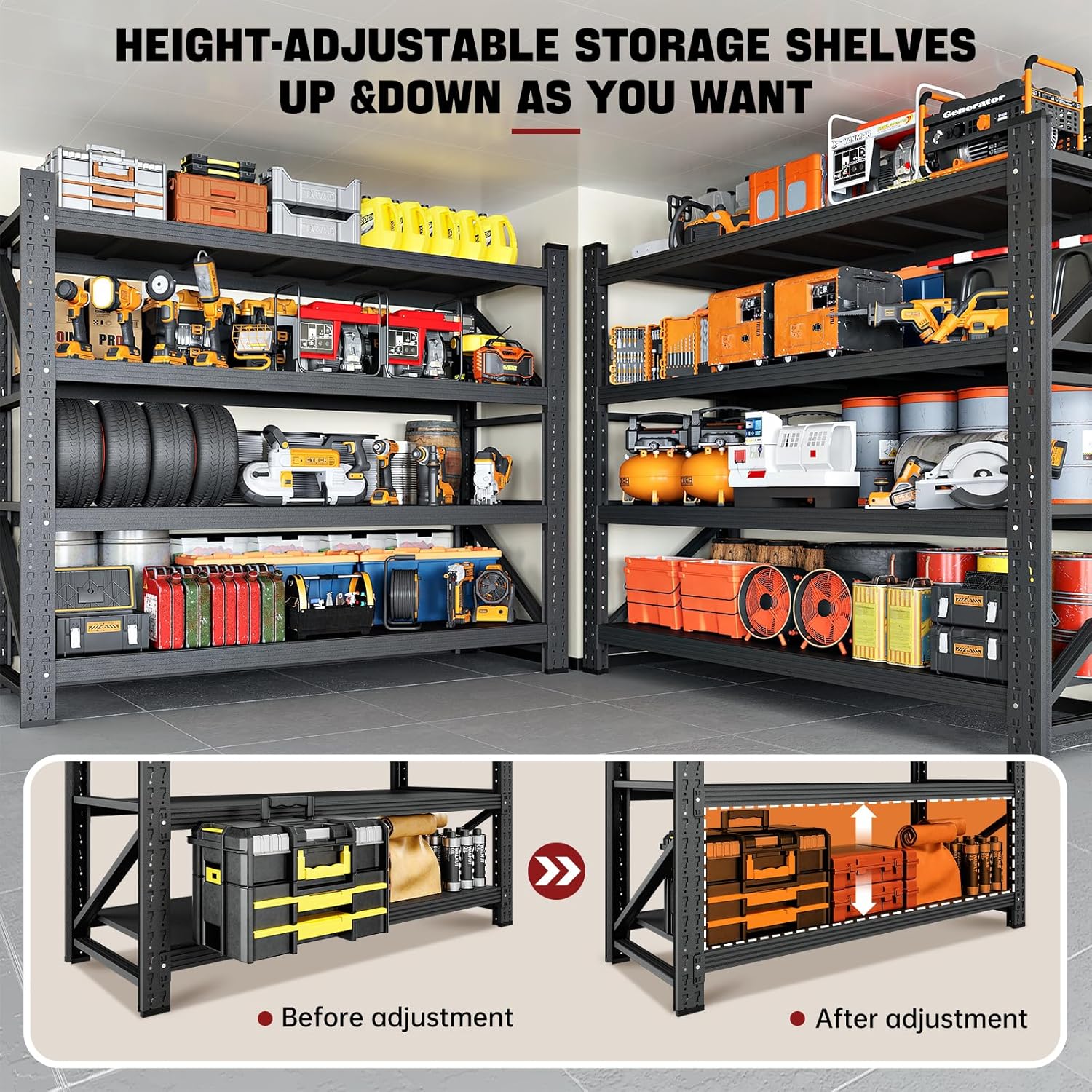 3000LBS Storage Shelves,48" W Garage Shelving Heavy Duty Metal Adjustable Garage Shelves, Shelving Units Industrial Shelving for Warehouse,48" W x 24" D x 69" H,Black - NestledHome