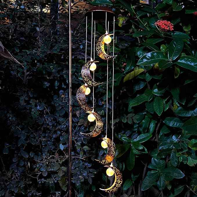 Tryme Solar Moon Wind Chimes Outdoor Solar Lights Windchimes Waterproof Hanging Decorations Gifts for Garden Patio Birthday Thanksgiving Home Party