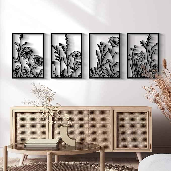 Glamativity 4 Pcs Black Abstract Flowers Metal Wall Art, Minimalist Floral Single Line Wall Décor, 3D Textured Sculptures, Rustic Nature Wall Art Décor for Living Room, Bedroom, Study (L Size 22.5x15.7'')