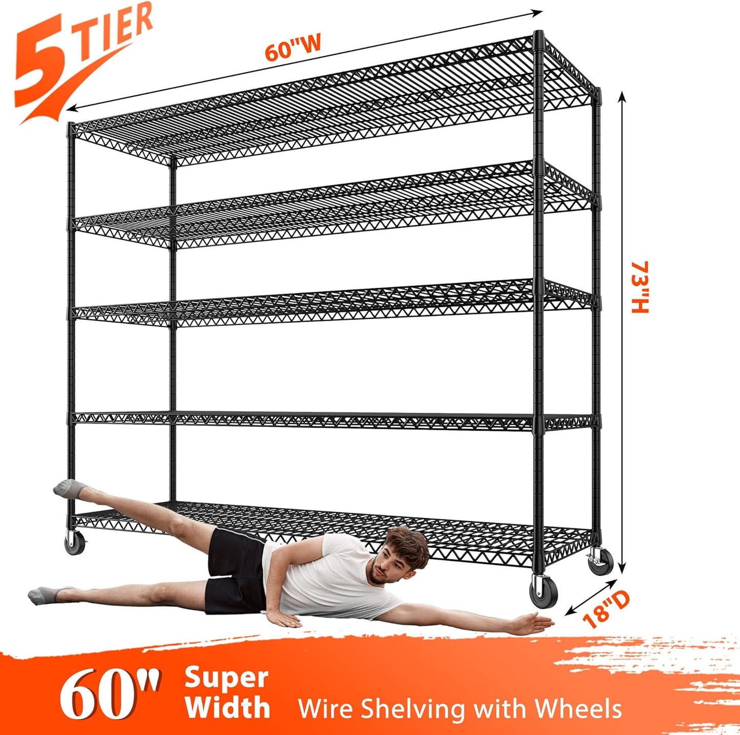 REIBII Storage Shelves 3200 LBS Capacity Wire Shelving with Wheels Heavy Duty Metal Shelf for Warehouses, Garage,Kitchens, School,Commercial Shelf, 73" H X 60" W X 18" D, 2 Pack - NestledHome