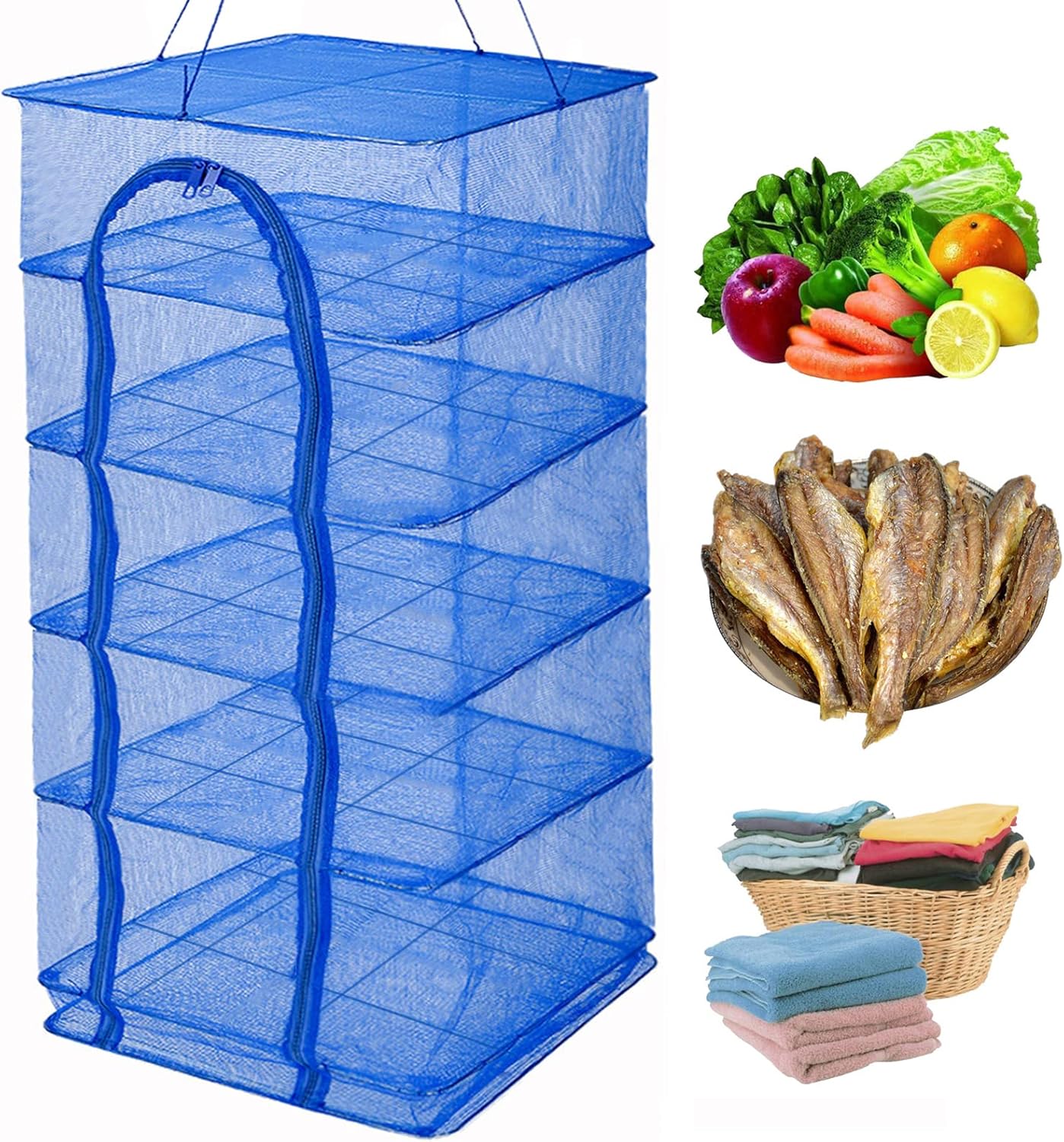 Drying Rack 6 Layers Folding Fish Mesh, Foldable Nylon Netting, Hanging Drying Fish Net, for Shrimp Fish Fruit Vegetables Herb, with Zipper Opening-Blue (37.4X19.6X19.6 in)… - NestledHome
