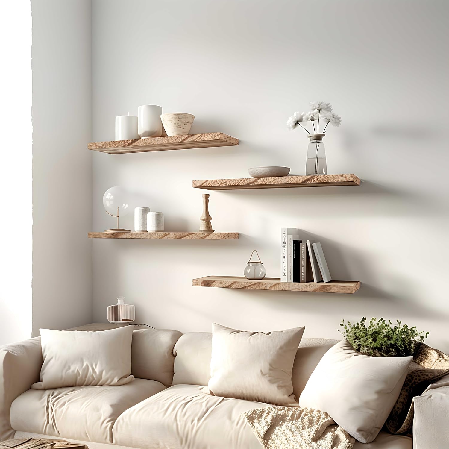 24 Inch Floating Shelves for Wall Rustic Light Wood Wall Shelves for Bedroom Set of 4 - NestledHome