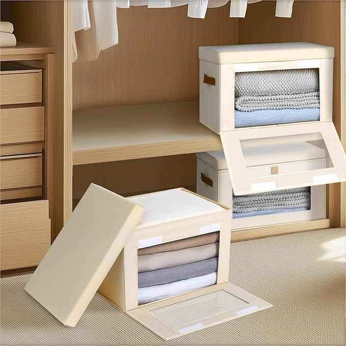 Small Fabric Storage bins - Collapsible Storage Bins with Open Window, 3 Pack Closet Baskets for Shelves, Stackable Decorative Boxes for Home, Dorm, Beige, 13.7"x 9.8" x 9.8"