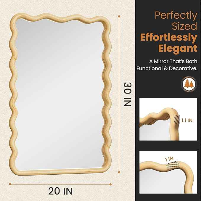 Bathroom Mirror for Wall, 20"x30" Boho Wavy Wood Mirror Large Full Length Decorative Mirror with Tempered Glass, Natural Wooden Frame Vanity Mirror for Bedroom, Living Room, Entryway