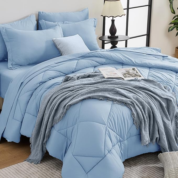 HEVUMYI Light Blue Full Comforter Set - 7-Piece All Season Bed in a Bag Full, Ultra Soft Bedding Set with Comforter, Flat Sheet, Fitted Sheet, Pillowcases, Pillow Shams