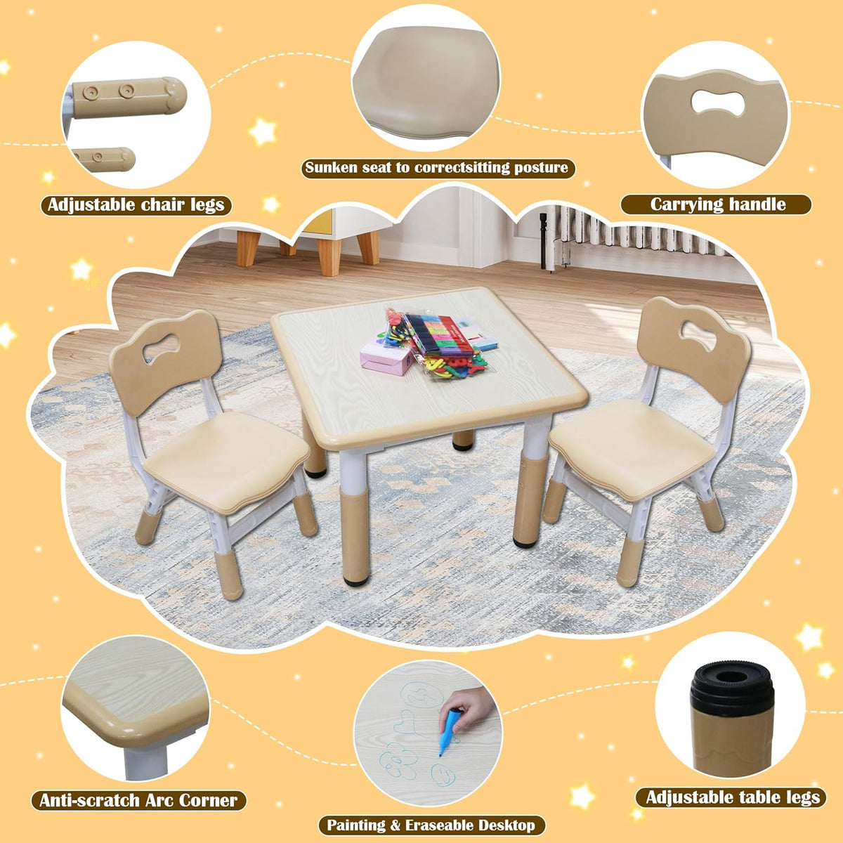 Kids Table and 2 Chairs Set with Graffiti Desktop, Toddler Furniture Set, Non-Slip Table Children Study Desk, Dining Table, Height Adjustable Desk, Painting Desktop for Kids (23.6x23.6Inch) - NestledHome
