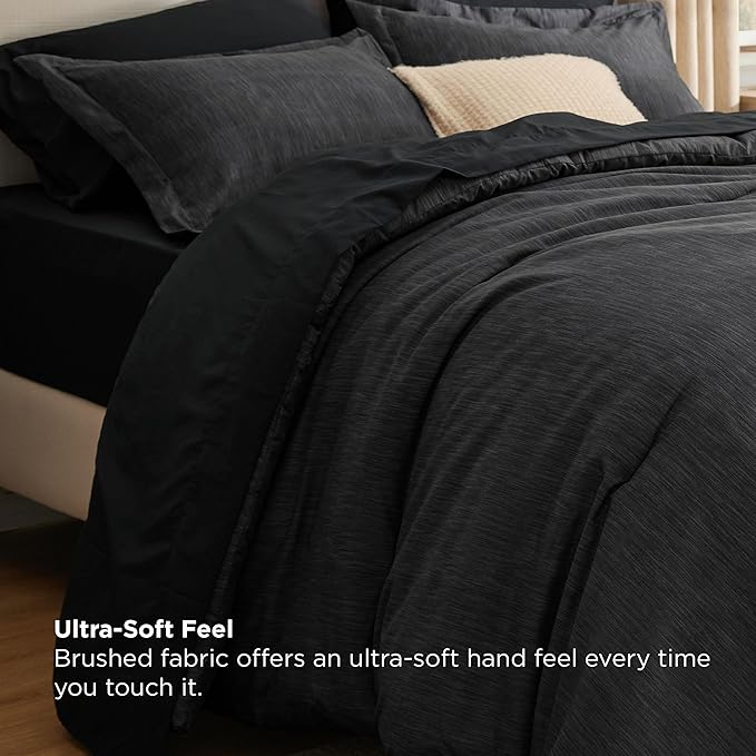 Bedsure Queen Comforter Set Black - Bed in a Bag Queen Size Bedding 7 Pieces, Cationic Dyed Bed Set Gift for Family, Black Soft Bedding for All Seasons Comforter with Sheets, Pillowcases & Shams