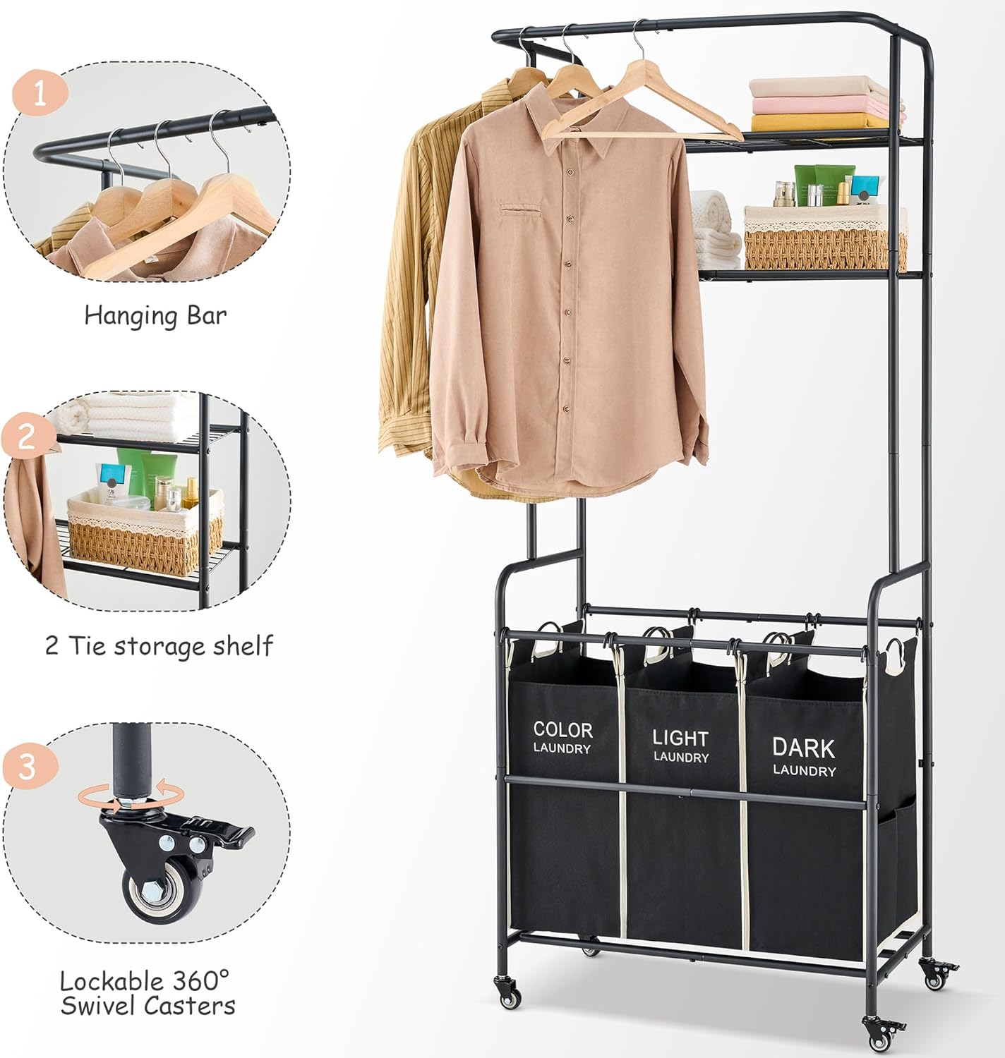 Laundry Sorter 3 Section,Laundry Hamper Cart with Hanging Rack & Removable Bags,Heavy Duty Laundry Basket with Wheels & 2 Tier Shelf,Space-Saving Laundry Basket Organizer for Laundry Room - NestledHome