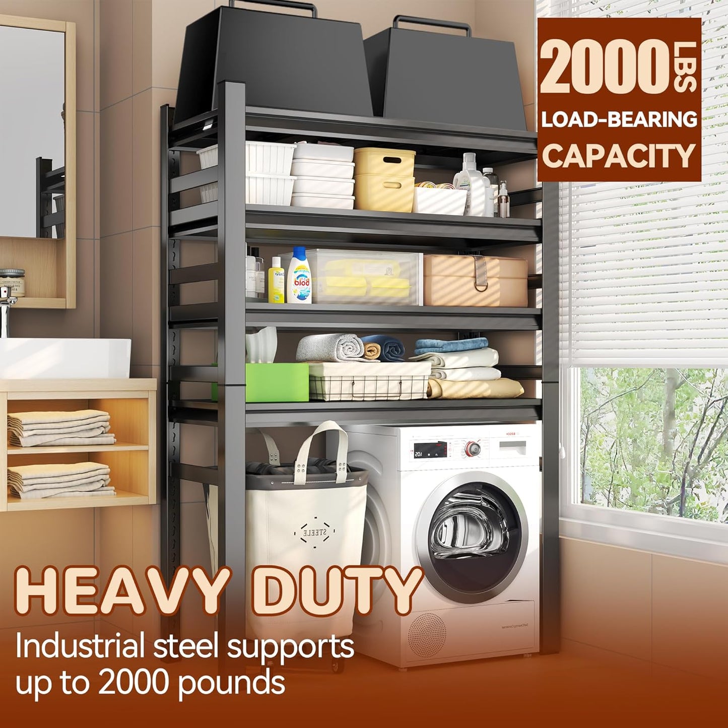 Laundry Shelf,5 Tier Over Washer and Dryer Storage Shelves,Adjustable Easy to Install,Space Saver Laundry Shelf Organizer,Utility Shelves for Balcony,Black,72”H*15.7”D*35.4“W - NestledHome