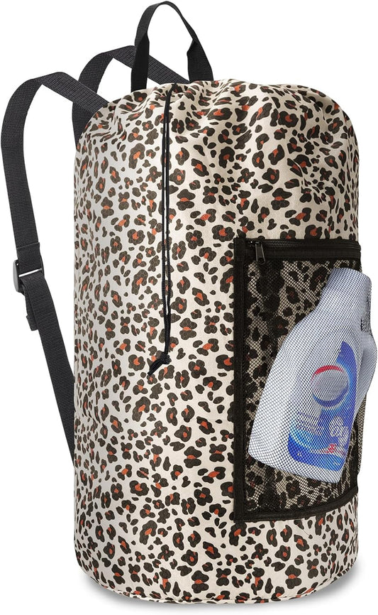 Laundry Bag Backpack Durable Laundry Bag with Shoulder Straps and Mesh Pockets Portable Laundry Dirty Clothes Hamper Bag for College Dorm (Leopard Print) - NestledHome