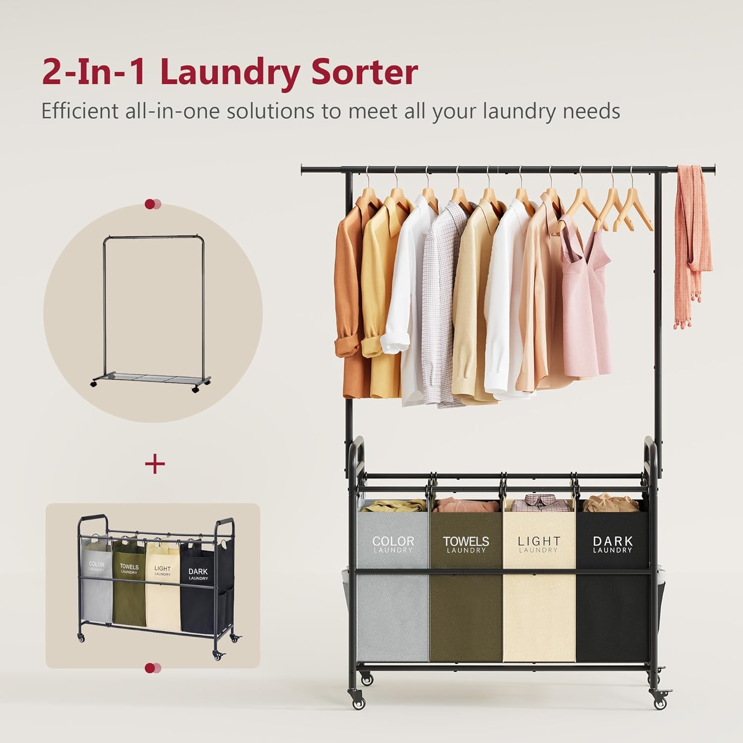 Tajsoon Laundry Sorter Cart with Hanging Clothes Rack, 4 Butler Sorter Basket Organizer, Laundry Hamper Cart with Heavy Duty Rolling Lockable Wheels, 4 Colors - NestledHome