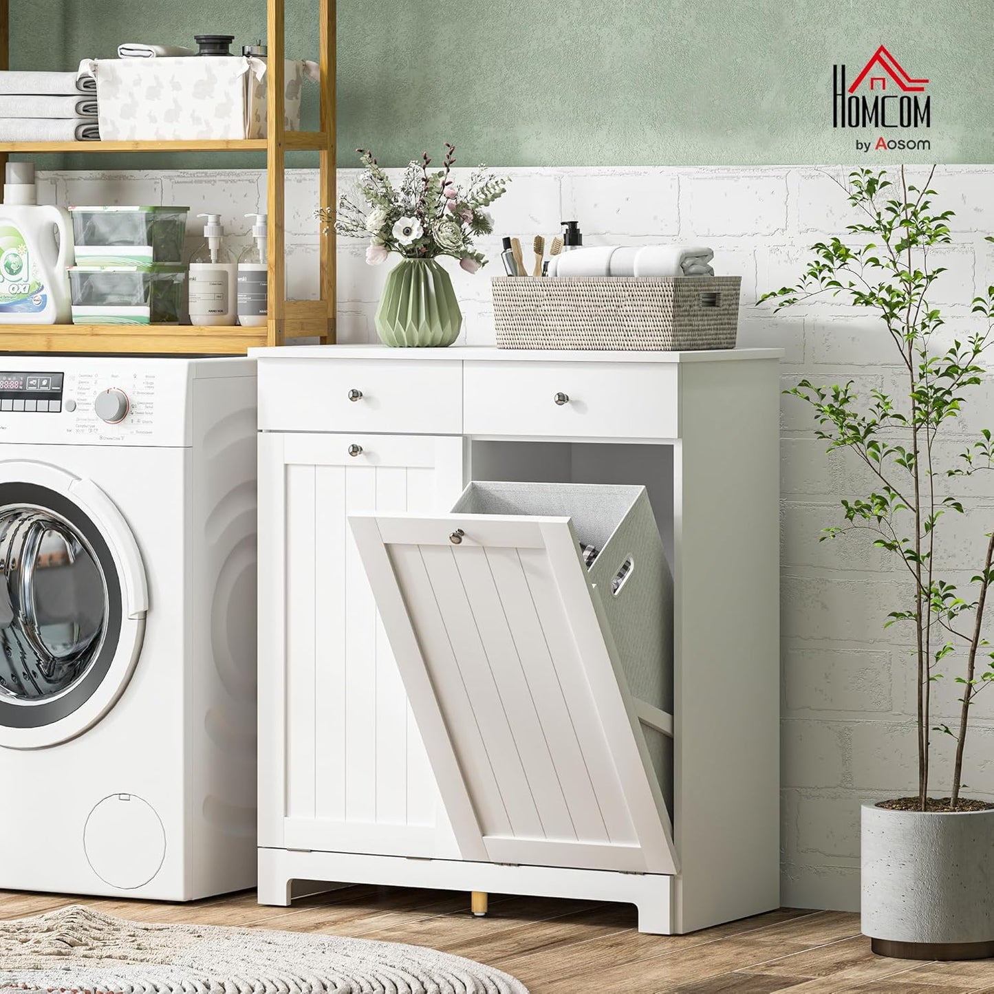 HOMCOM Laundry Hamper Cabinet with 2 Removable Baskets, Tilt Out Laundry Hamper Cabinet with 2 Drawers and 2 Beadboard Doors, Laundry Cabinet Bathroom Storage Cabinet, White - NestledHome