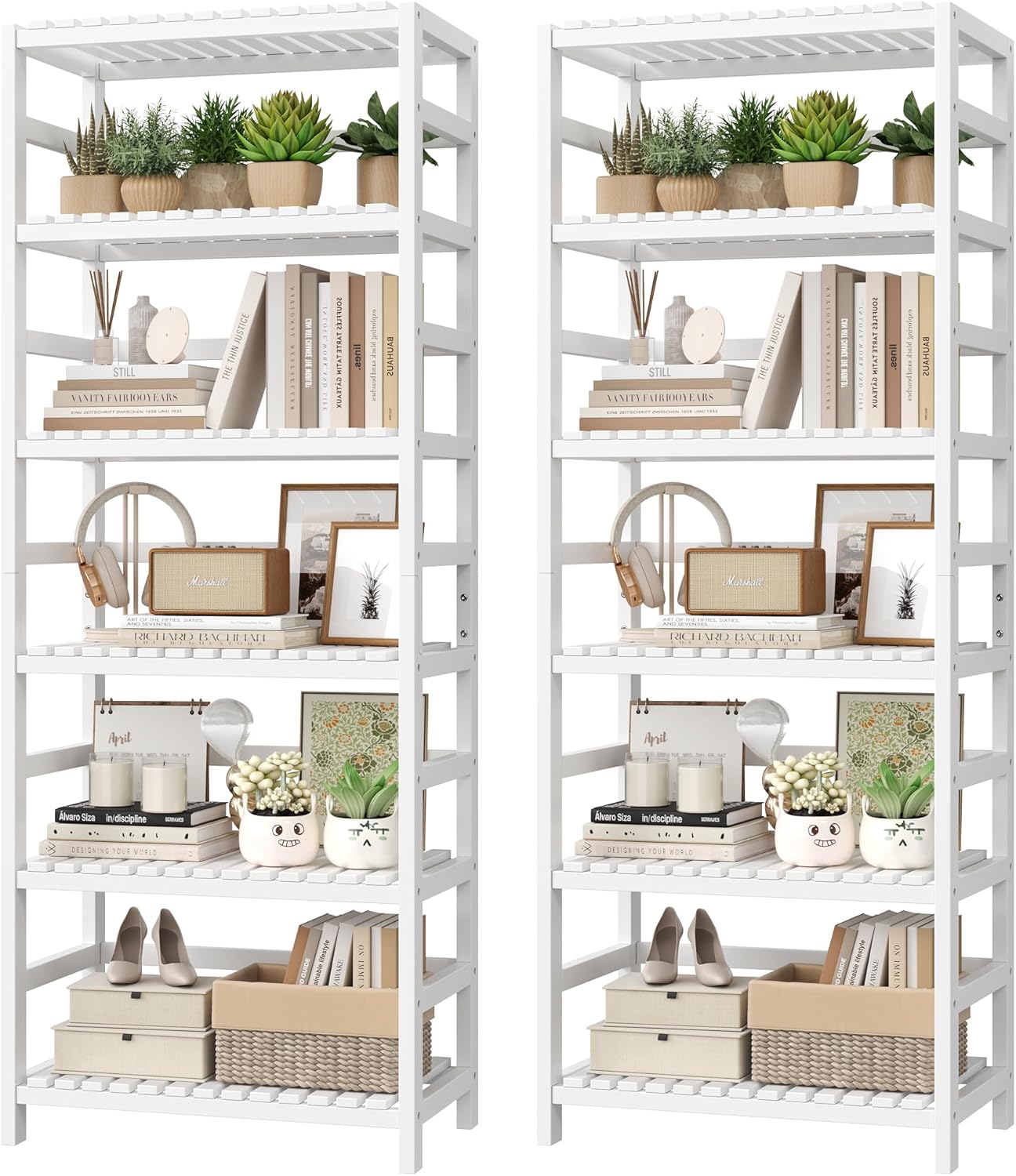 FOTOSOK 6-Tier Bamboo Shelf Set of 2, Bamboo Bookcase with Adjustable Shelves, Free Standing Storage Shelf Unit Plant Flower Stand, Tall Large White Bookshelf for Kitchen, Bathroom, Home Office, White - NestledHome