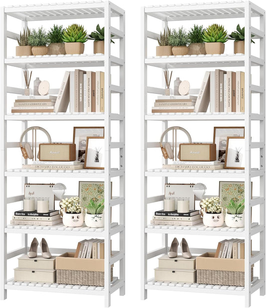 FOTOSOK 6-Tier Bamboo Shelf Set of 2, Bamboo Bookcase with Adjustable Shelves, Free Standing Storage Shelf Unit Plant Flower Stand, Tall Large White Bookshelf for Kitchen, Bathroom, Home Office, White - NestledHome