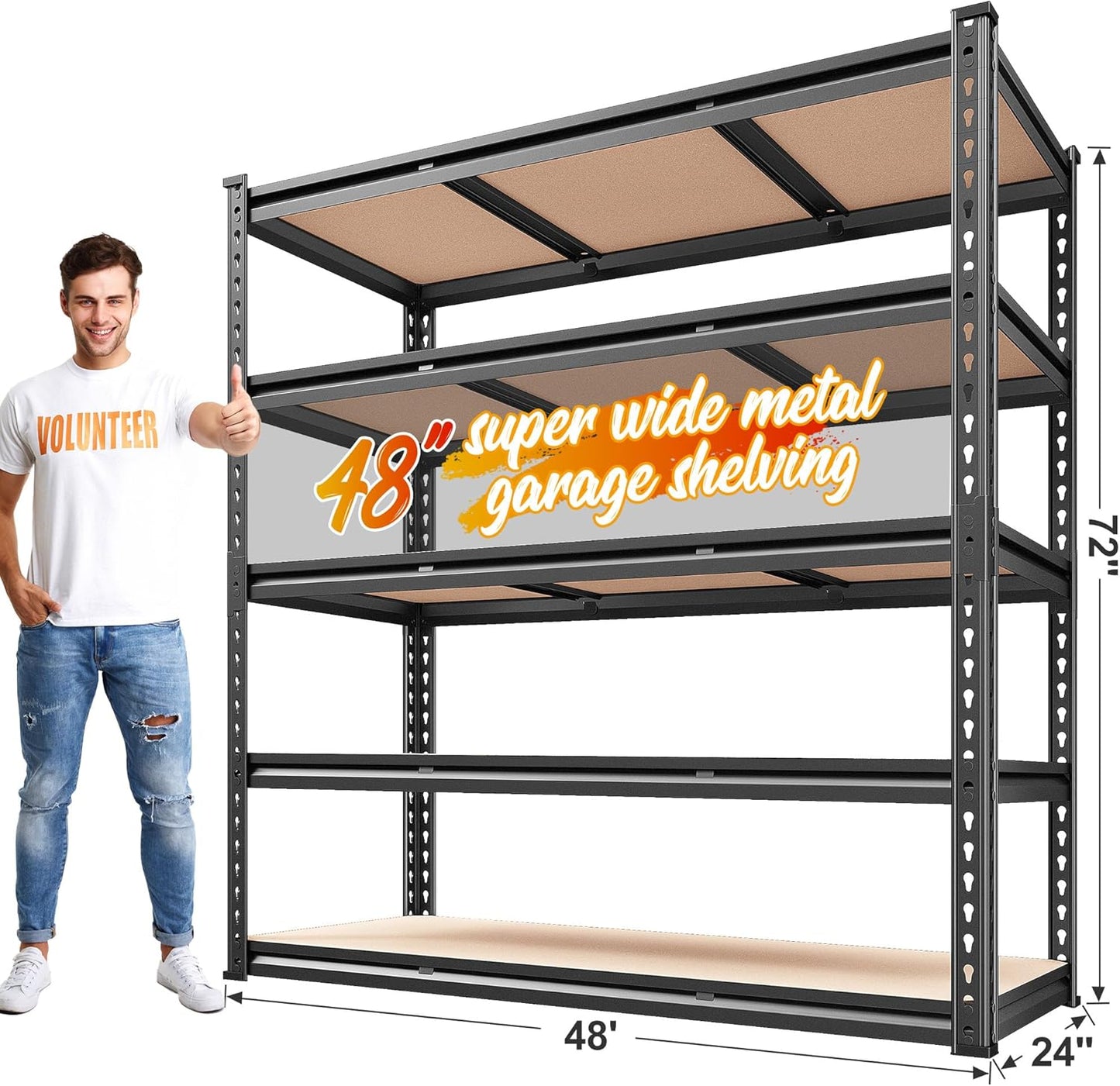 REIBII 48" W Garage Shelving Heavy Duty 3020LBS Storage Shelves 5 Tier Heavy Duty Shelving Adjustable Garage Shelves for Basement, Warehouse, Commercial, Easy Assemble, 48" W x 72" H x 24" D - NestledHome