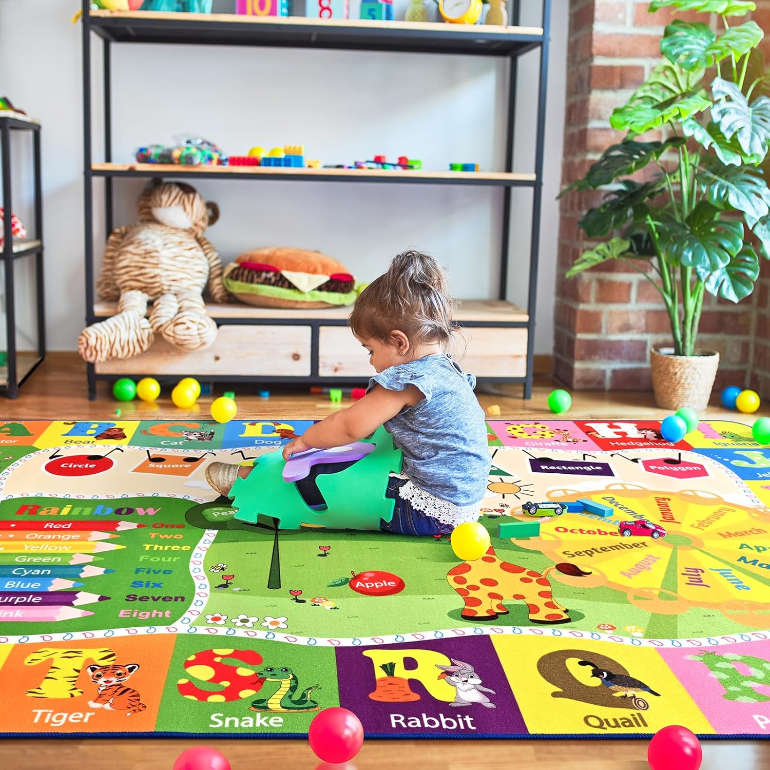 5x7 Playroom Rugs for Kids Washable, Educational and Fun Playmat with ABC Alphabet Animals Shapes Colors, Non-Slip Play Mat Learning Rugs for Baby Toddler Children Game Activity - NestledHome