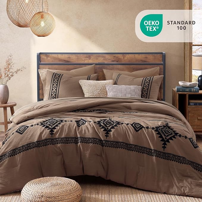 MaiRêve Embroidery Comforter Set, Boho Farmhouse Western Bedding Set, All Season Bed in A Bag Comforter Set with Sheets, Pillowcases & Shams, Brown Queen 7 Pieces