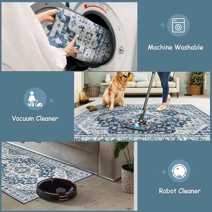 Moynesa Blue Vintage Floral Medallion Runner Rug, 2'6" x 8', Machine Washable, Non-Slip, Pet Friendly, High-Traffic Areas