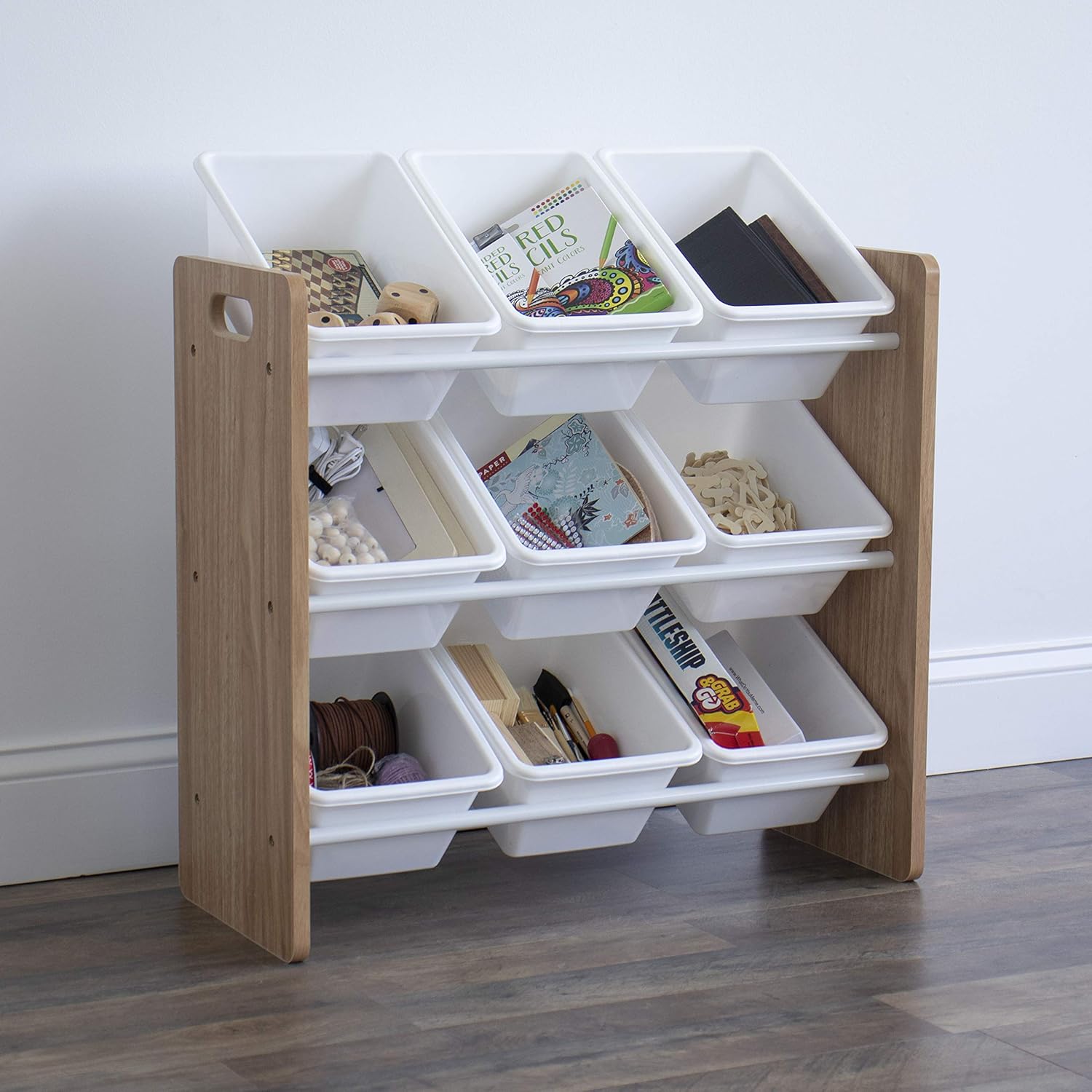 Humble Crew 9-Bin Toy Organizer – Journey Natural Wood with White Plastic Bins, 3-Tier Storage Solution for Kids' Playrooms and Nurseries - NestledHome