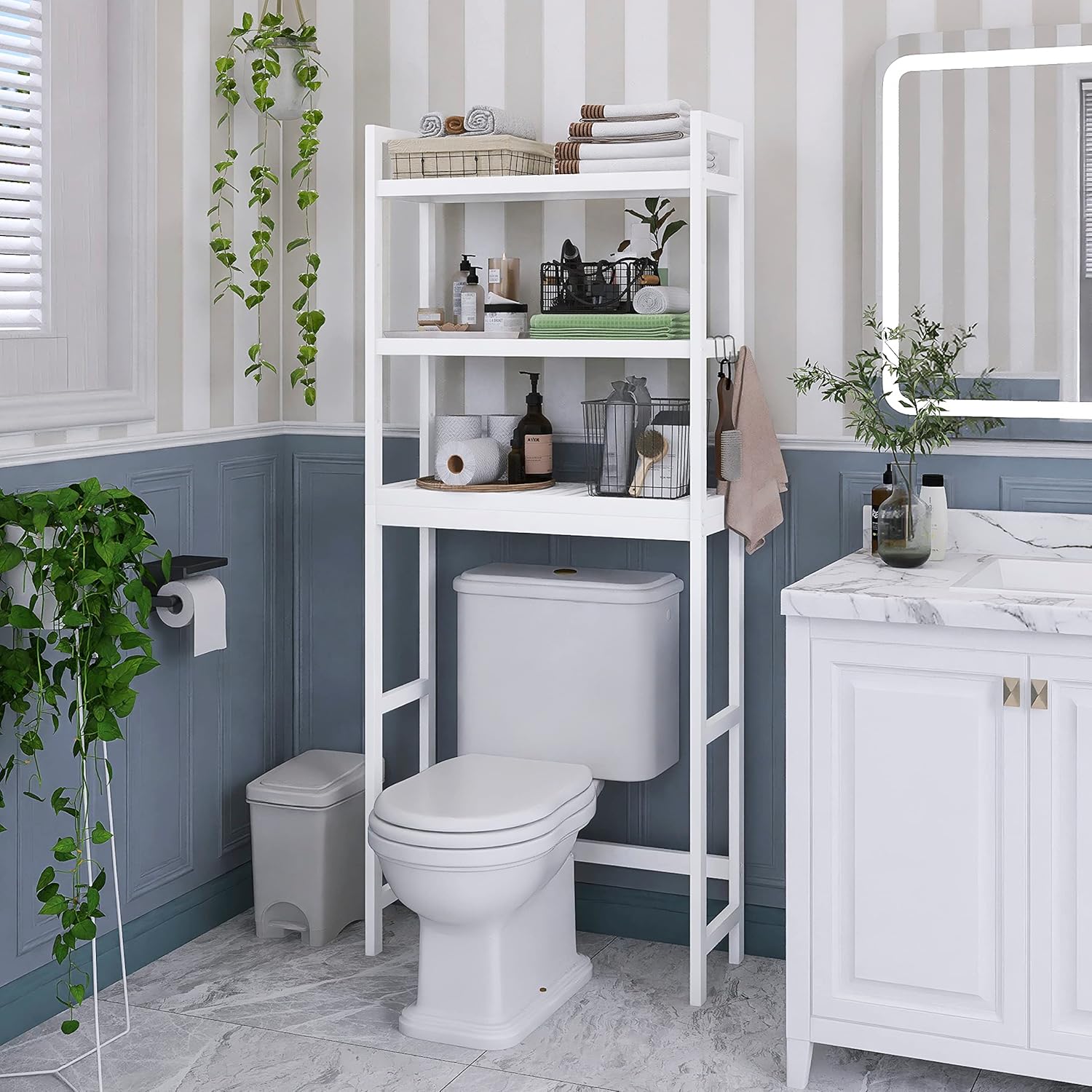 SMIBUY Bathroom Storage Shelf, Bamboo Over-The-Toilet Organizer Rack, Freestanding Toilet Space Saver with 3-Tier Adjustable Shelves (White) - NestledHome