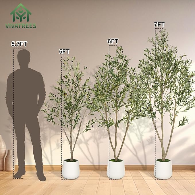 Olive Trees Artificial Indoor, 5FT Tall Faux Olive Tree with White Tall Planter, Artificial Plants with Natural Wood Trunk and Lifelike Fruits for Home Office Decor