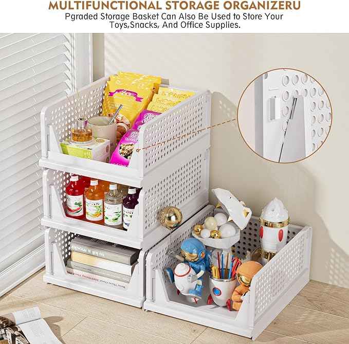 SNSLXH 5 Pack Stackable Closet Organizer Box, Multifunctional & Foldable Closet Storage Basket for Bathroom Kitchen Laundry Room Wardrobe Storage, Space-Saving Clothes Storage Drawer Organizer, Pink