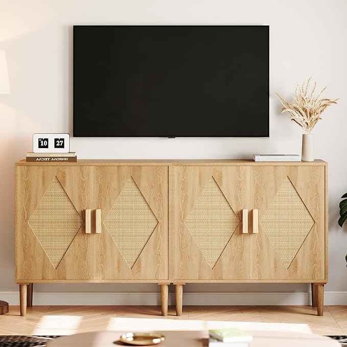 GarveeHome Buffet Cabinet with Storage, Storage Cabinet with 2 Rattan Decorated, Sideboard Cabinets, Accent Cabinets for Living Room, Dining Room, Entryway, Natural