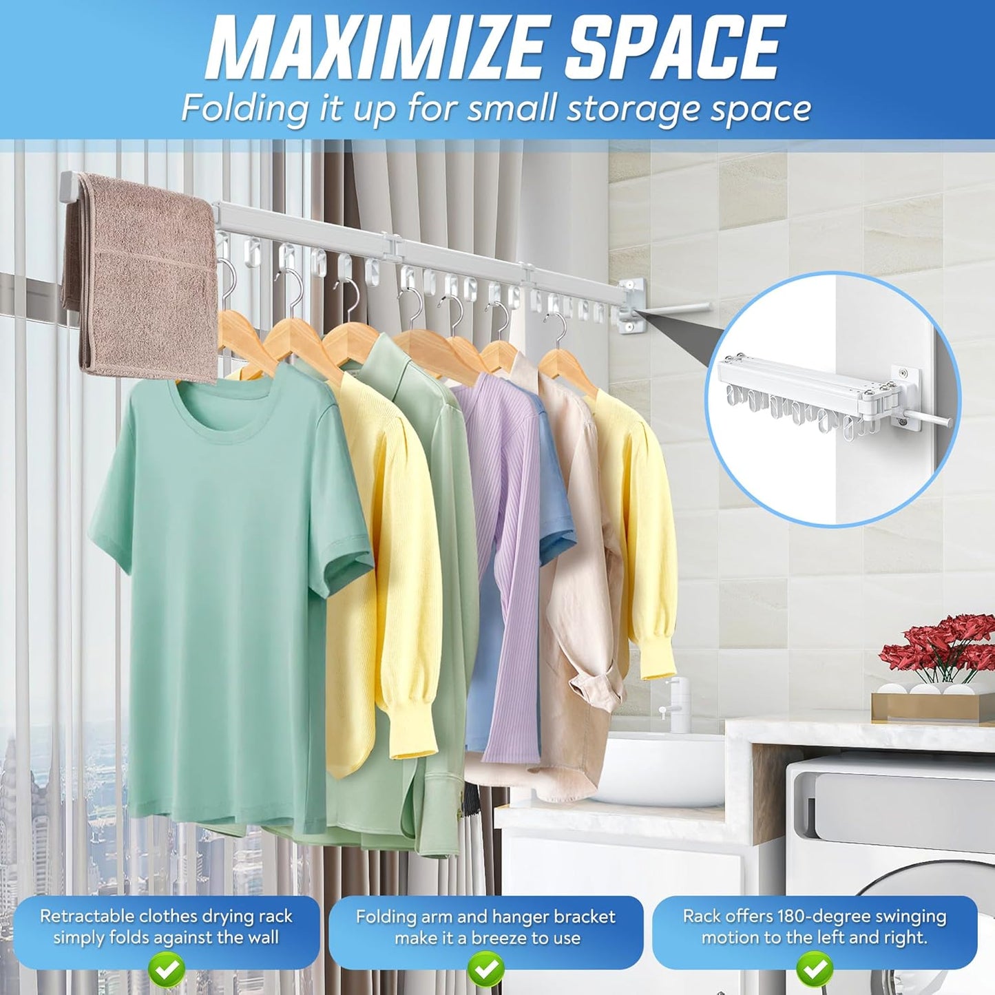Clothes Drying Rack Wall Mounted Foldable, Retractable & Collapsible(Tri-Fold) Space-Saving Laundry Drying Rack for Indoor & Outdoor Use - Laundry Rooms, Bathroom & Balconies (White) - NestledHome