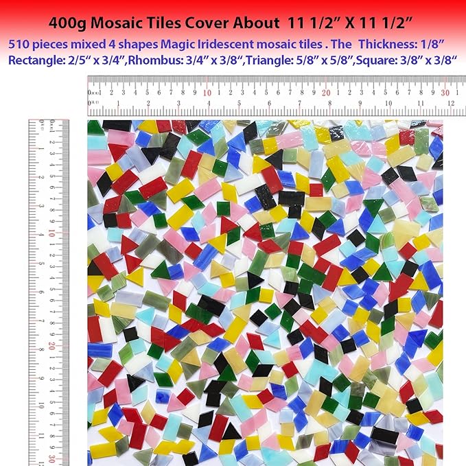 510 Pieces Iridescent Glass Mosaic Tiles for Crafts, Mixed 4 Shapes Colorful Stained Glass Pieces Supplies for Mosaic Projects, KALUCION Mosaic Kit for Adults, Assorted Rainbow Colors