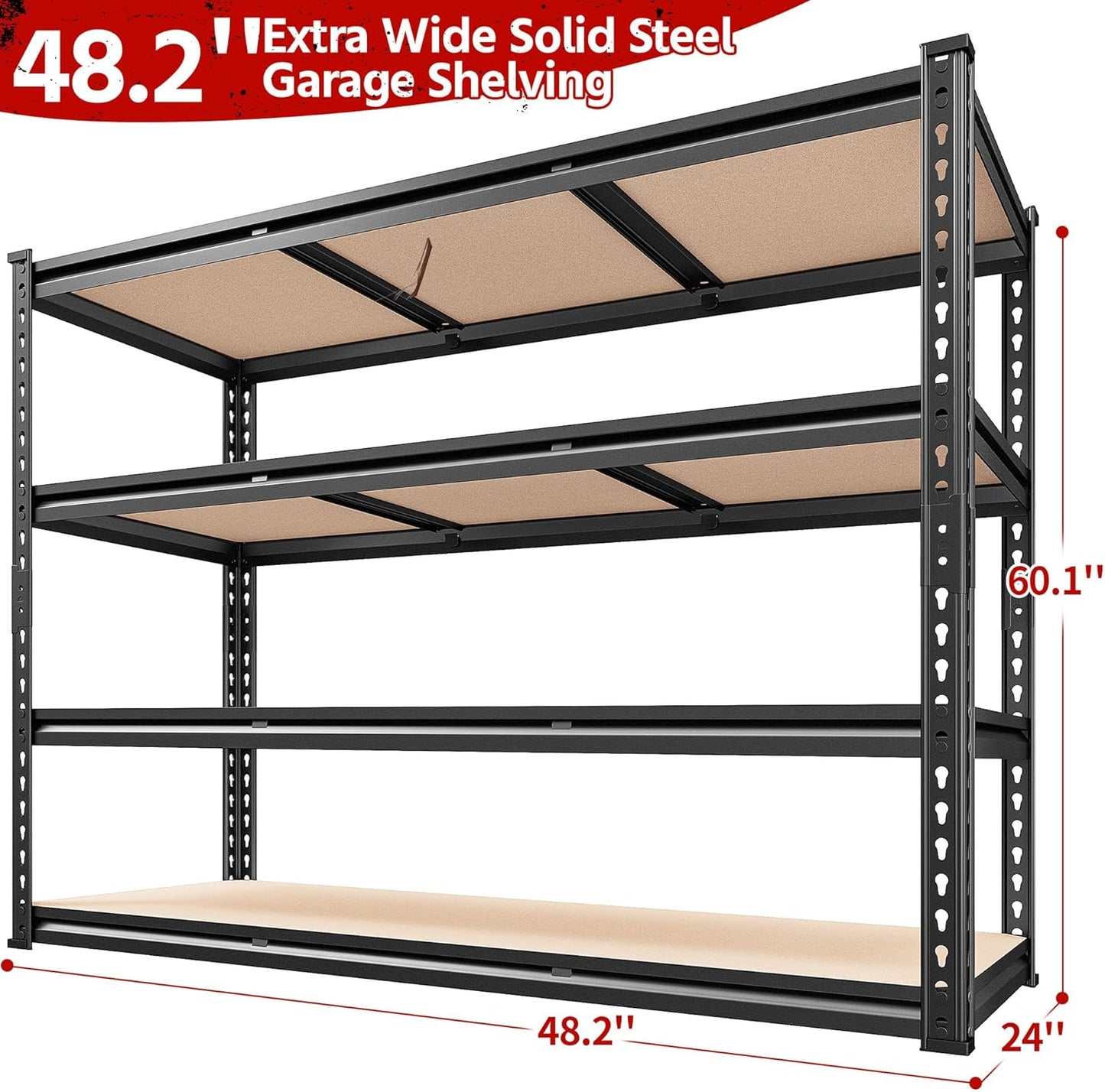 REIBII 48.2" W Garage Shelving, Storage Shelves Load 2600LBS, 4-Tier Adjustable Heavy Duty Metal Shelves for Warehouse, Pantry, Kitchen, 60.1" H X 48.2" W X 24" D, Black - NestledHome