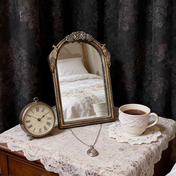 Vintage Vanity Desk Mirror -10x7Inch Wall-Mounted & Tabletop Decorative Ornate Gold Accent Retro Makeup Mirror for Bedroom Dresser Living Room Bathroom Dorm Champagne Gold